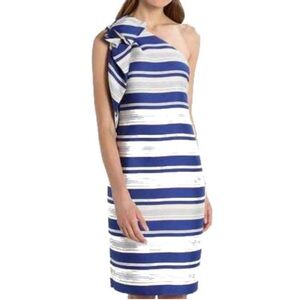NWT Banana Republic Dress One Shoulder Bow Blue White Stripe Satiny Sheath Sz 4